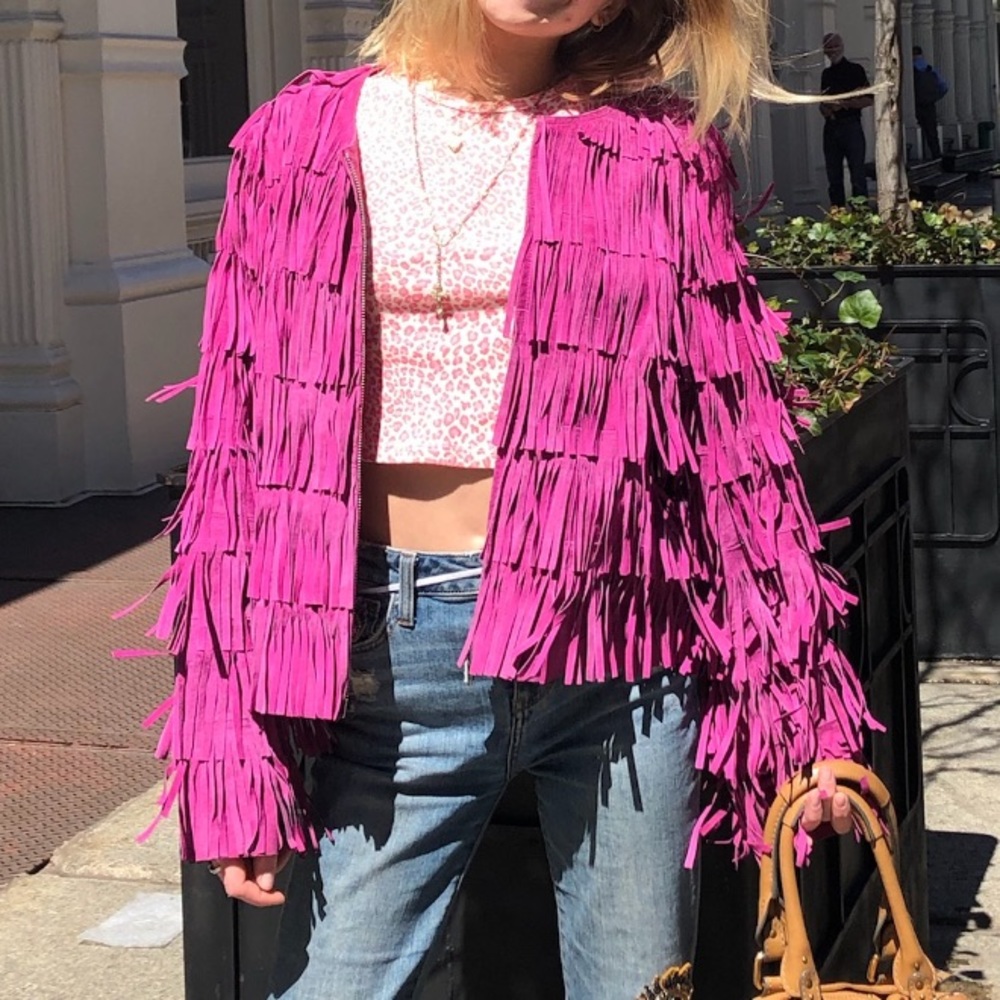 vintage pink suede fringe coat